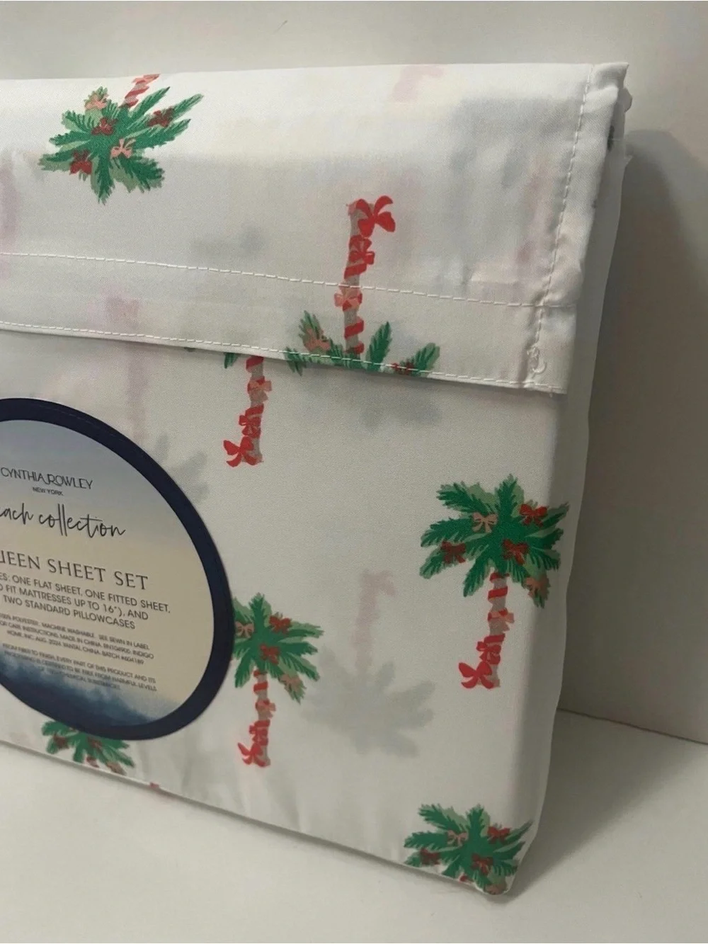 Cynthia Rowley Beach Collection Queen Size Sheet Set Bows on Palm Trees